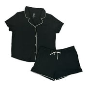 GAP Women's 2-Piece Short Sleeve Notch Collar Top & Short Sleep Set (True Black, XL)