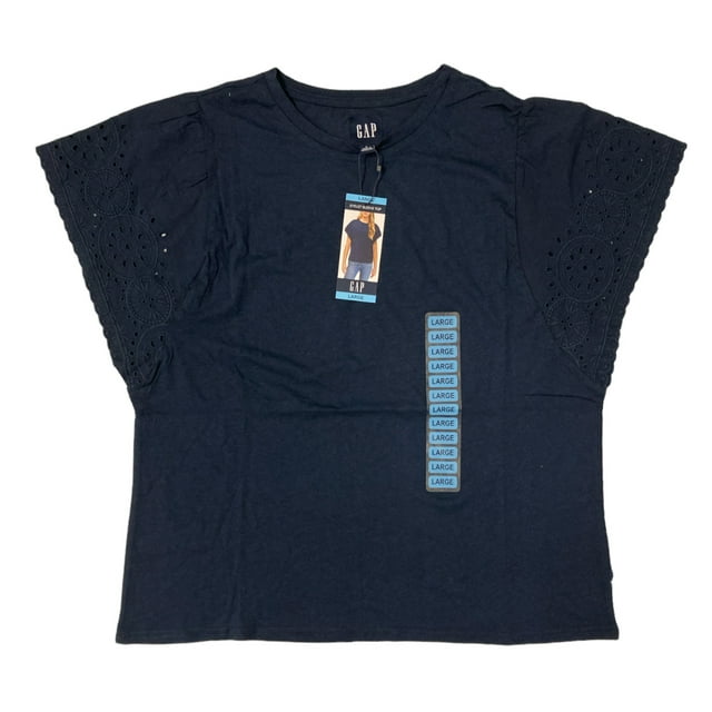 GAP Women's Eyelet Flutter Short Sleeve Scoop Neck Shirt (Midnight, XL)