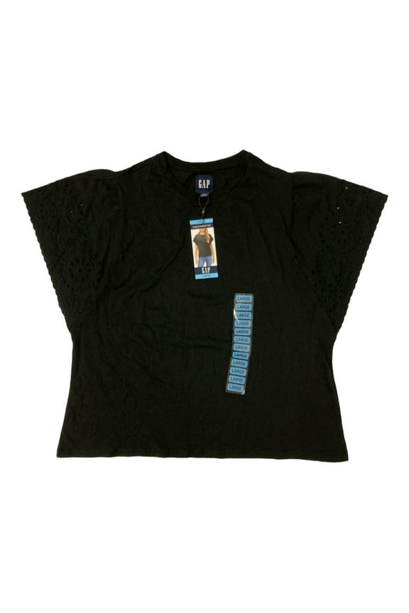 Women's Eyelet Flutter Short Sleeve Scoop Neck Shirt (True Black, XXL)