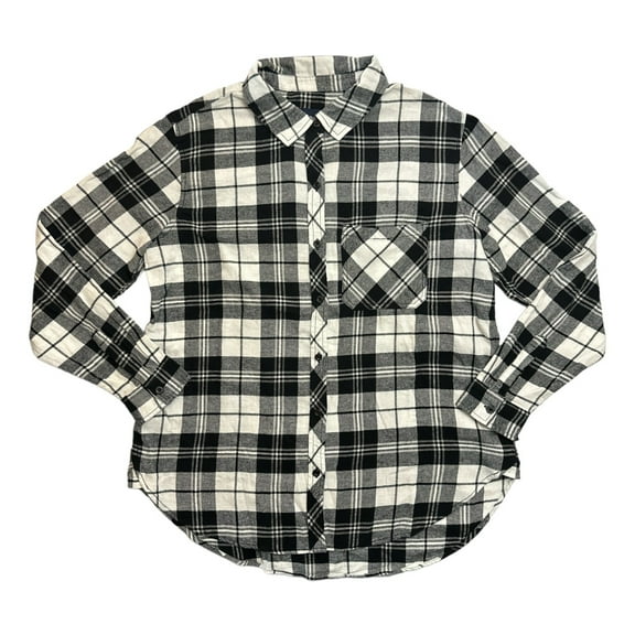 GAP Women's Long Sleeve Button Down Relaxed Fit Flannel Shirt (True Black-Billie Plaid, S)