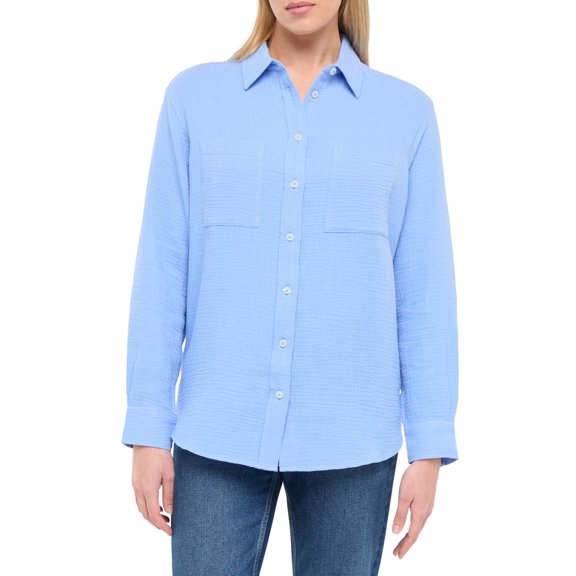 GAP Women's Long Sleeve Cotton Gauze Top, Blue, Small