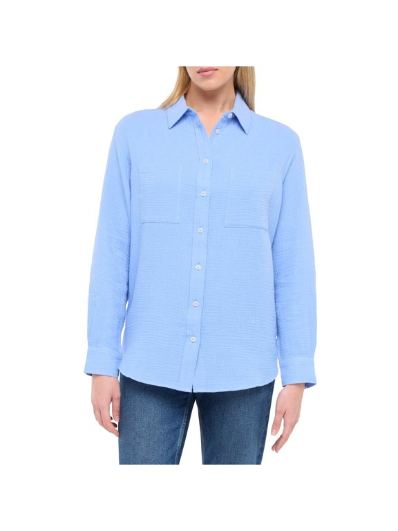 Women's Long Sleeve Cotton Gauze Top, Blue, Small