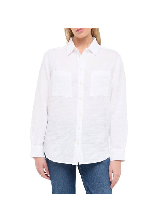 Women's Long Sleeve Cotton Gauze Top, White, Large