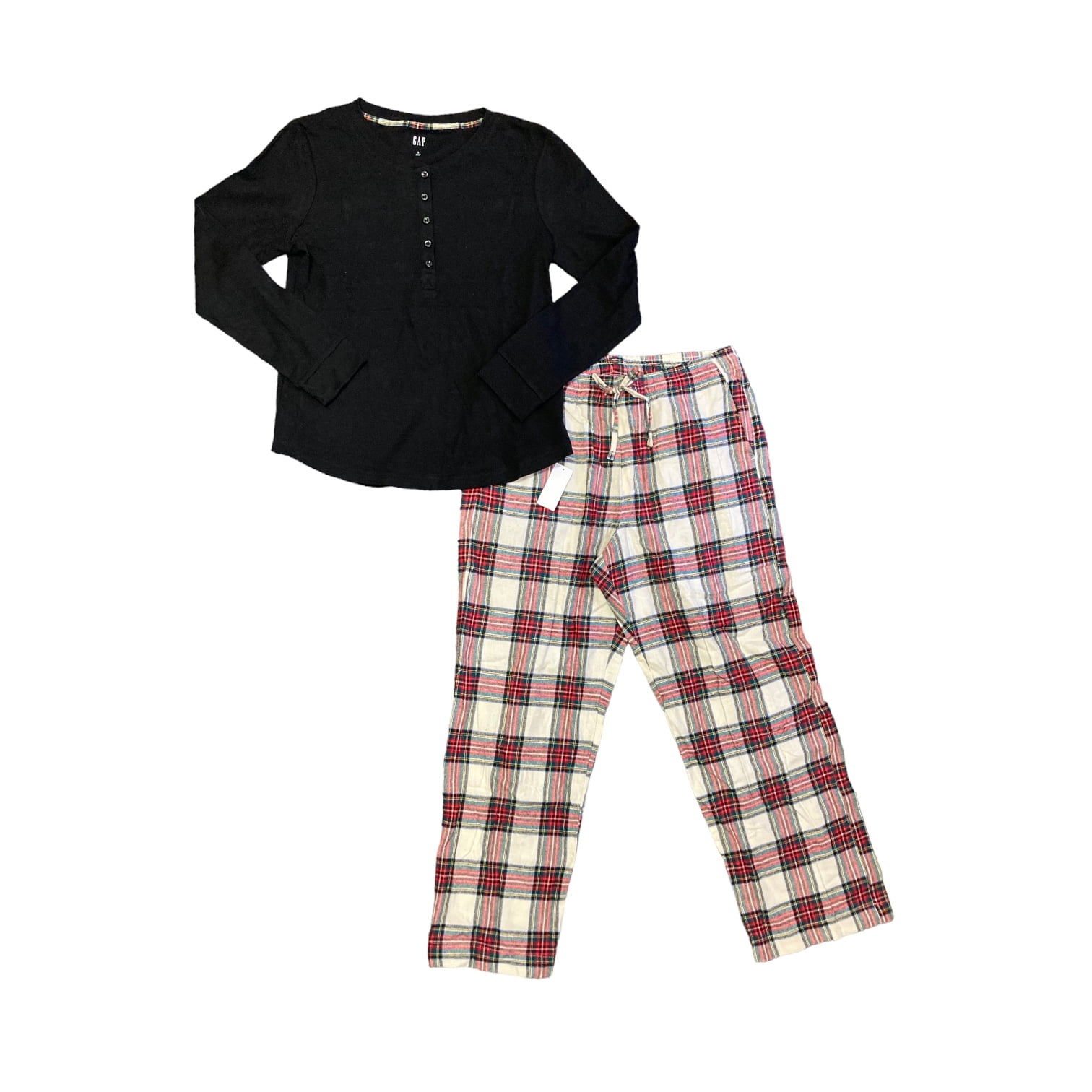 GAP Women's Long Sleeve Thermal Shirt and Flannel Pant 2 Piece Pajama Set  (True Black, XL)