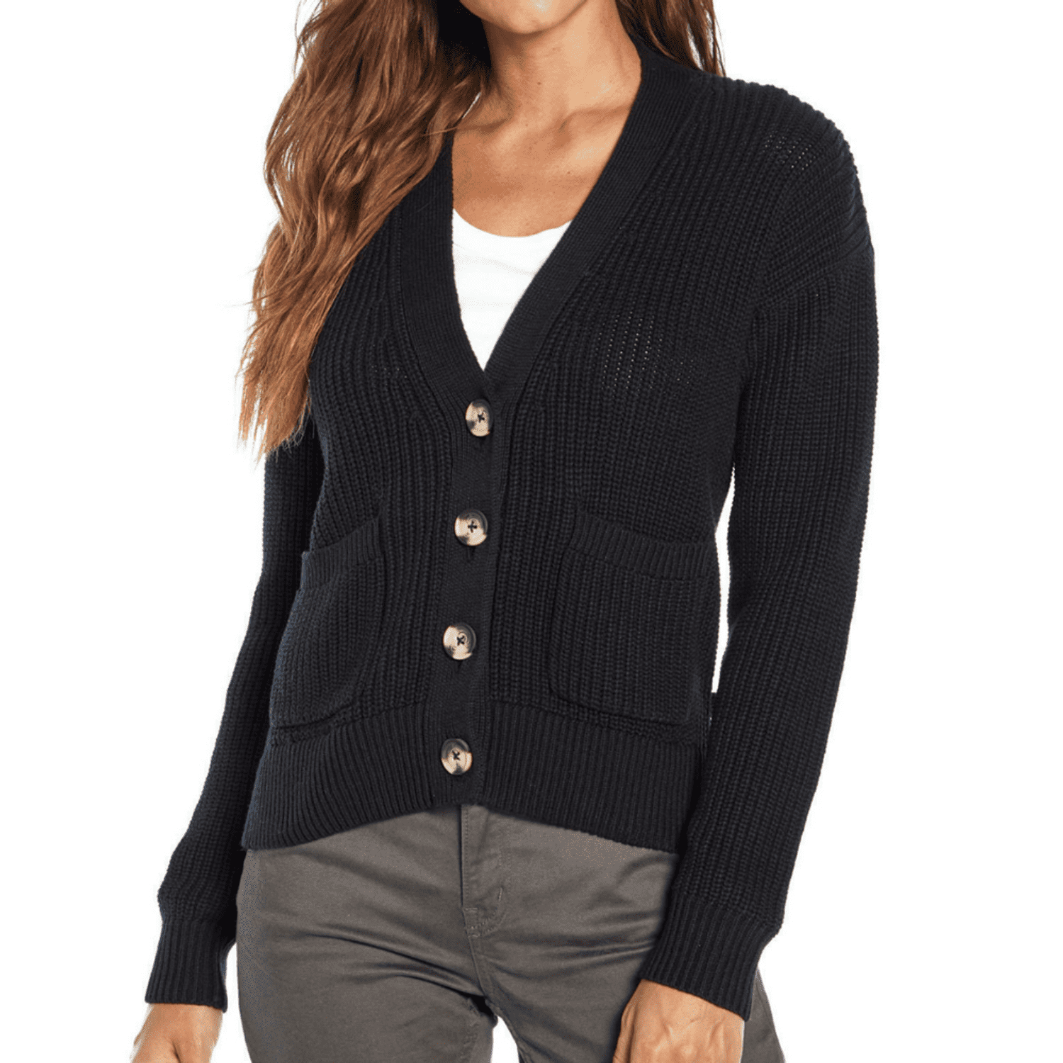 GAP Women's Soft Knit Cotton Pocketed Button Front Cardigan Black