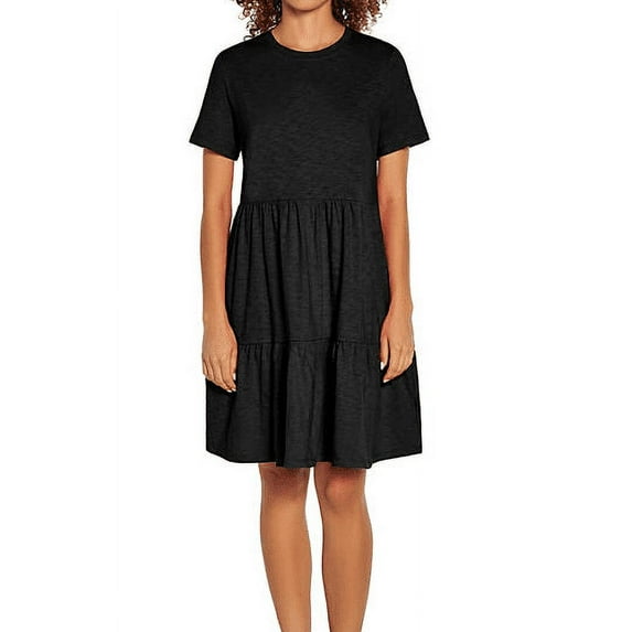 GAP Women's Soft Short Sleeve Crew Neck Tiered Dress (True Black, L)