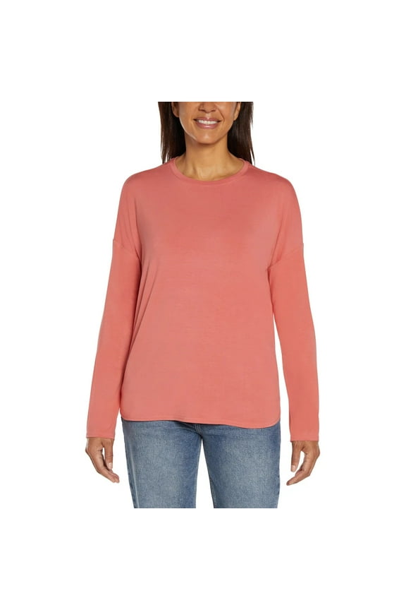 Women's Drop Shoulder Crew Neck Long Sleeve Top Shirt Rosey Peach Pink L
