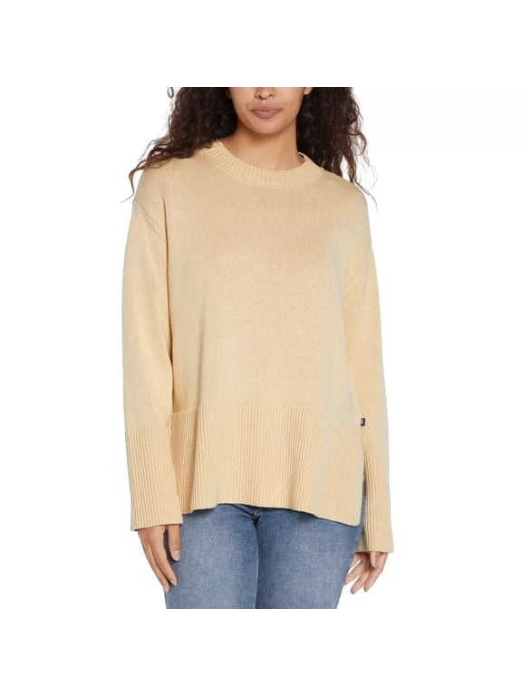 Womens Crewneck Knit Sweater with Side Slits 100% Cotton, Taupe, M
