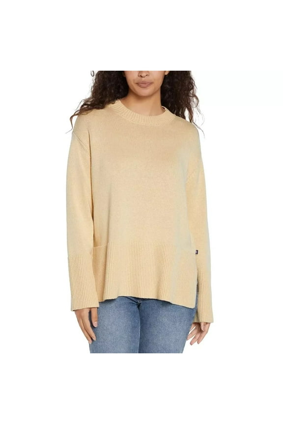 Womens Crewneck Knit Sweater with Side Slits 100% Cotton, Taupe, M