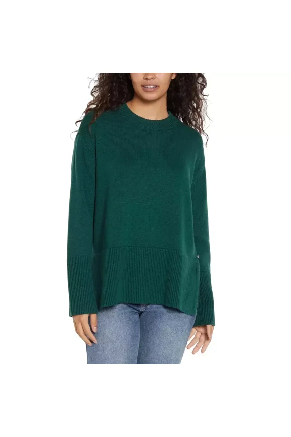 Womens Crewneck Knit Sweater with Side Slits 100% Green XL