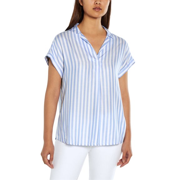 GAP Women's Short Sleeve Popover Blouse (Light Blue Stripe, L)
