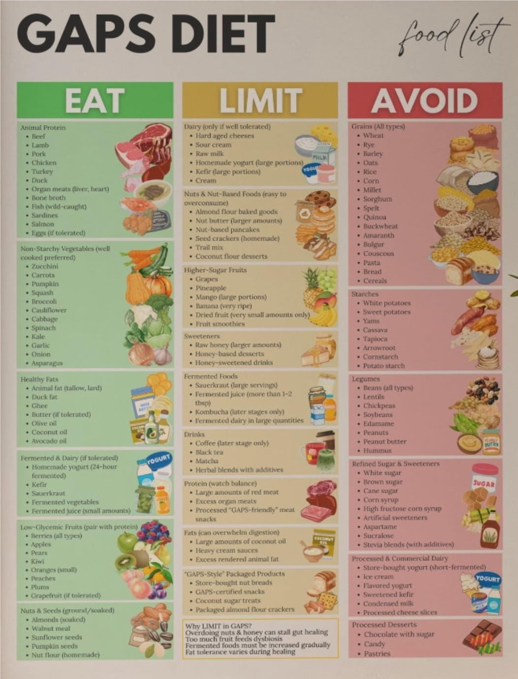 GAPS Dietary Guidelines Food List Poster, Intestinal Healing ...