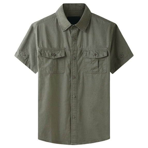 GAQLIVE Cargo Shirts Men'S Cotton Short Sleeves Shirts Fishing Travel Work Shirts Summer Casual Retro Wearable Loose Button Down Shirts For Men Green XL
