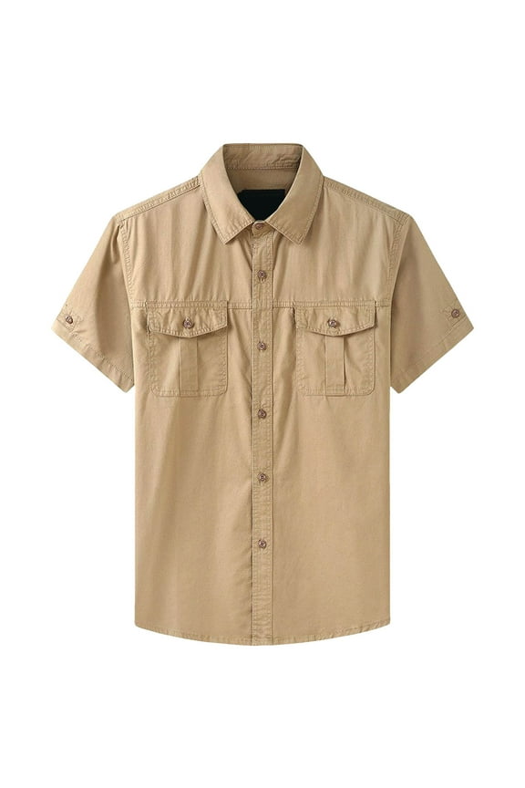 Cargo Shirts Men'S Cotton Short Sleeves Shirts Fishing Travel Work Shirts Summer Casual Retro Wearable Loose Button Down Shirts For Men Khaki L