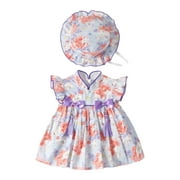 GAQLIVE Summer Girl Romper Ruffle Fly Sleeve Cute Rabbit Print Baby Dress With Baby Cap Kawaii Little Girl'S Dresses Purple 0-3Months