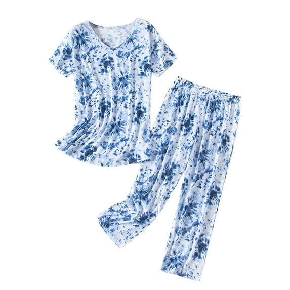 GAQLIVE Women Cotton Pajamas Set Short Sleeve Top Capri Pants Sleepwear Plus
