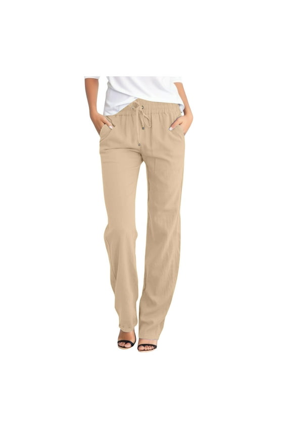 Women High Waisted Solid Straight Pants Waist And Long Women Casual Elastic Drawstring Pants With Pockets Khaki 2XL