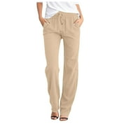GAQLIVE Women High Waisted Solid Straight Pants Waist And Long Women Casual Elastic Drawstring Pants With Pockets Khaki 3XL