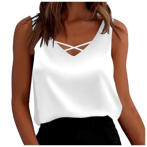 GAQLIVE Womens Satin Tank Top Strap Basic Summer Vest Shirt Casual V Neck Sleeveless Blouses White L
