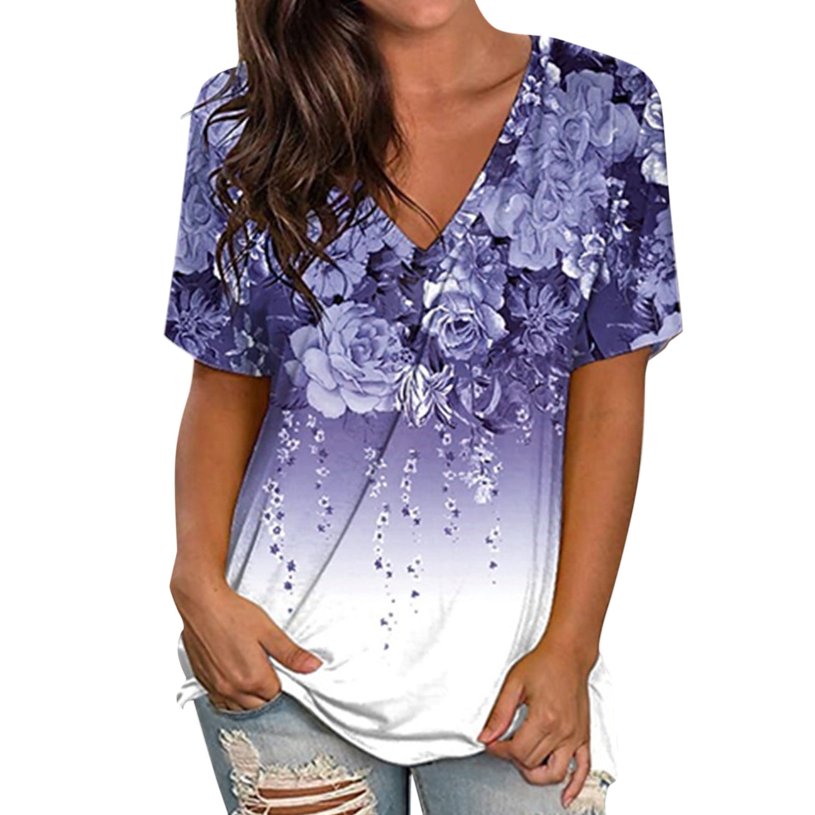 GAQLIVE Womens Summer Print Tops V Neck Short Sleeve Shirts Casual T