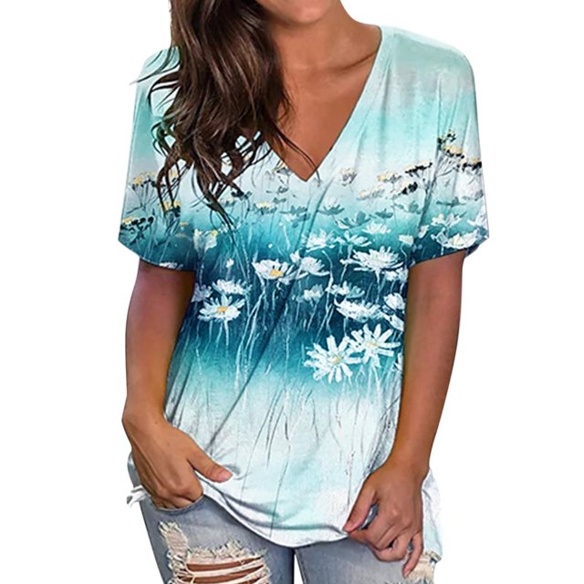 GAQLIVE Womens Summer Print Tops V Neck Short Sleeve Shirts Casual T