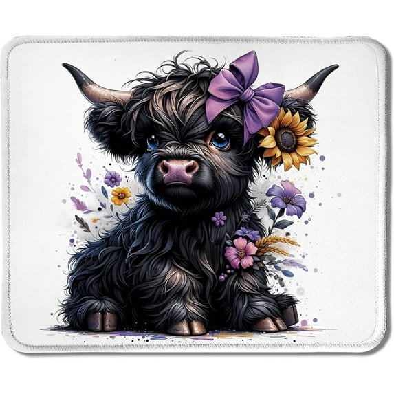 GAR Black Highland Cow Mouse Pad, Cute Sunflower Western Baby Highland Cow Heifer with Purple Bow Mouse Pads Mousepad for Work Gaming Computers Laptop Desk Accessories, 9.5x7.9 Inch