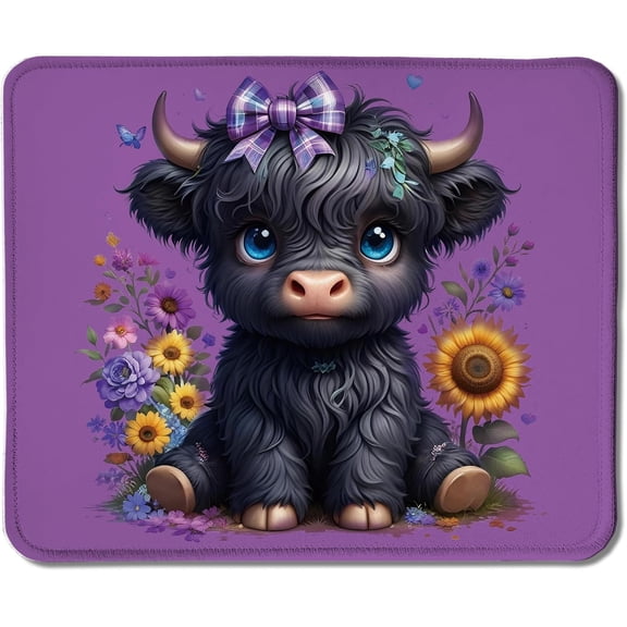 GAR Sunflower Black Highland Cow Mouse Pad, Cute Baby Highland Cow Purple Mouse Pads Mousepad for Work Gaming Computers Laptop Desk Accessories, 9.5x7.9 Inch