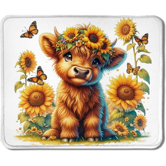 GAR Sunflower Highland Cow Mouse Pad, Rustic Summer Yellow Floral Baby Highland Cow Heifer Mouse Pads Mousepad for Work Gaming Computers Laptop Desk Accessories, 9.5x7.9 Inch