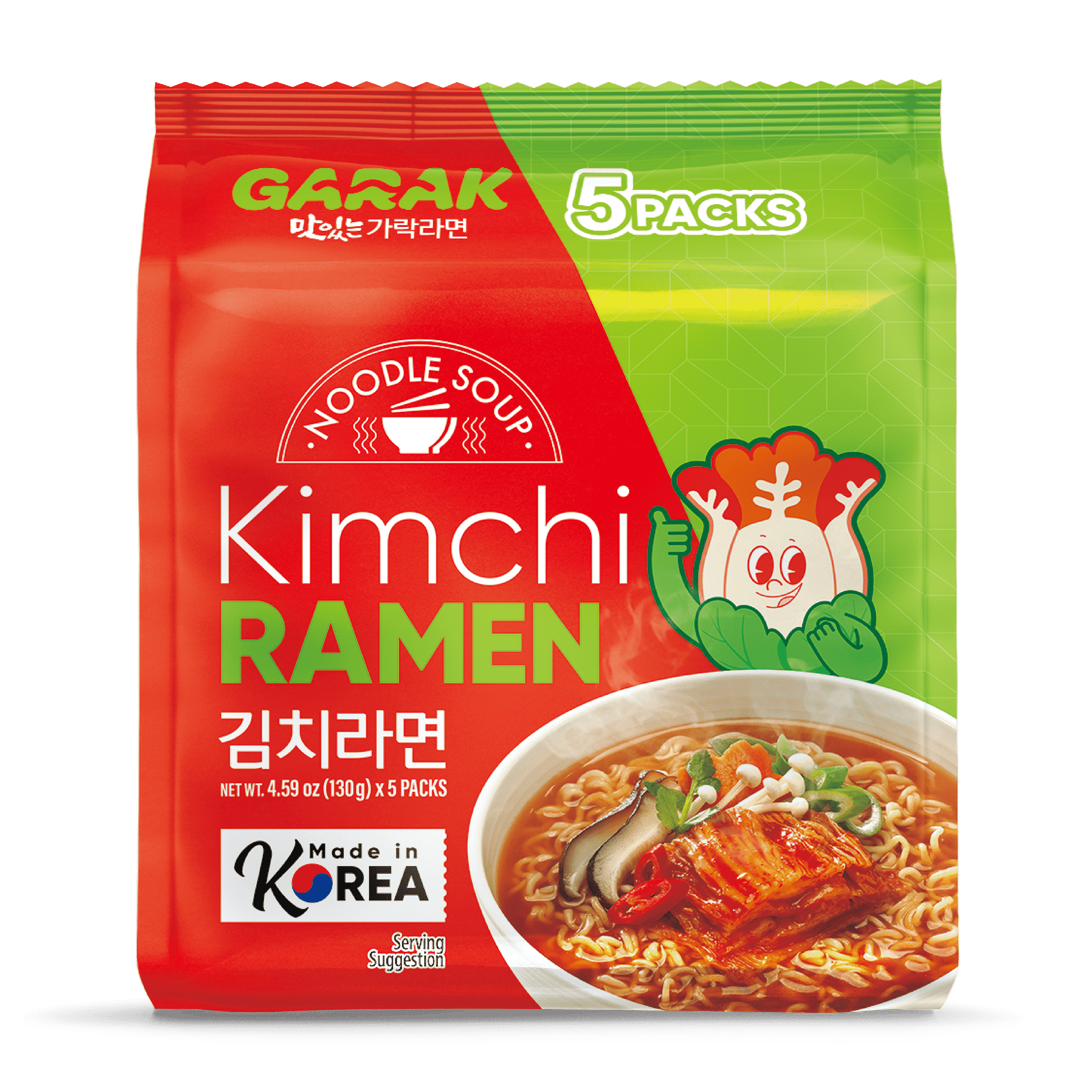 GARAK Kimchi Spicy Ramen, Korean Authentic Instant Noodle, Mild Spicy Noodle 1 Bag with 5 pack