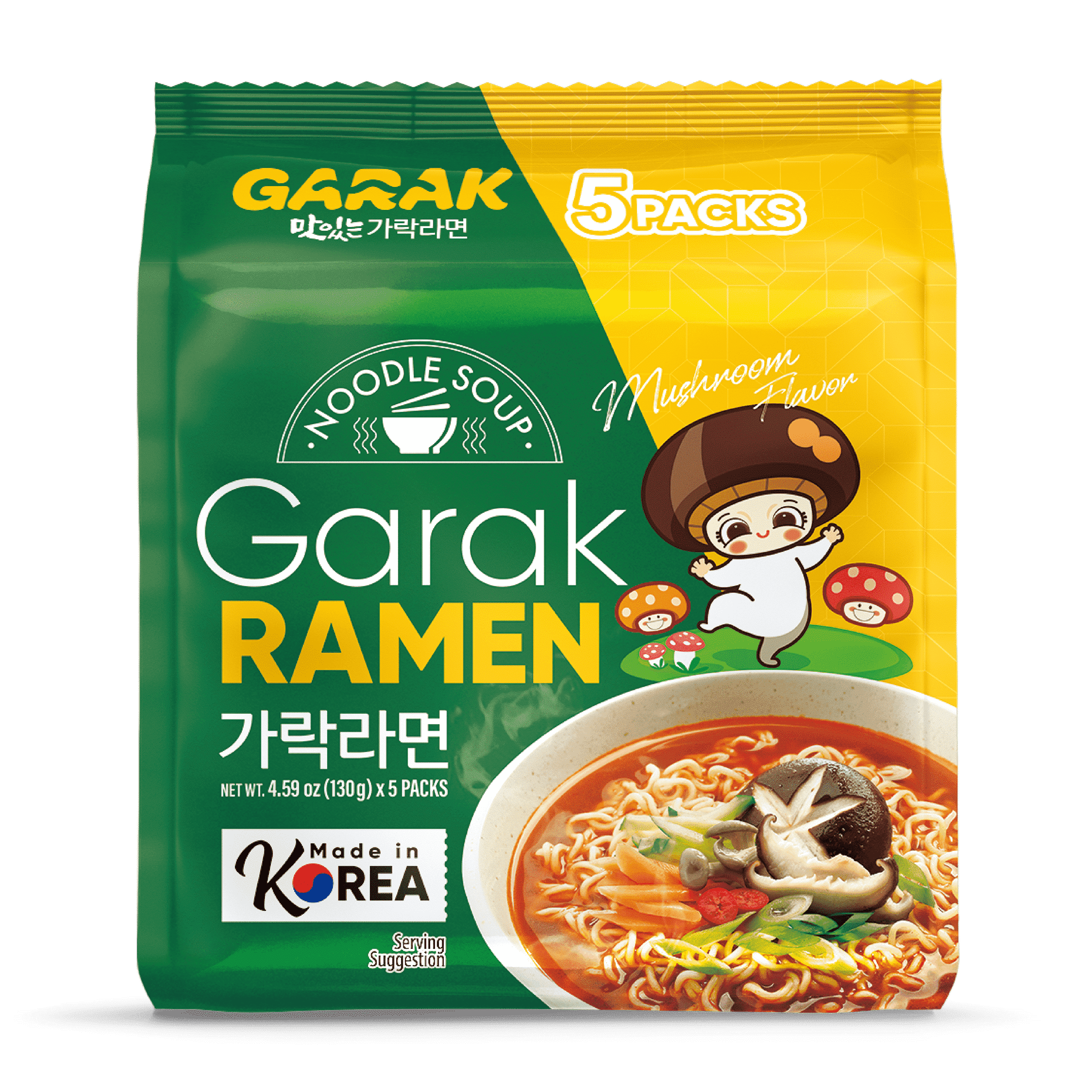 GARAK Mushroom Flavor Ramen, Korean Authentic Instant Noodle, Mild Spicy, 5 Pack