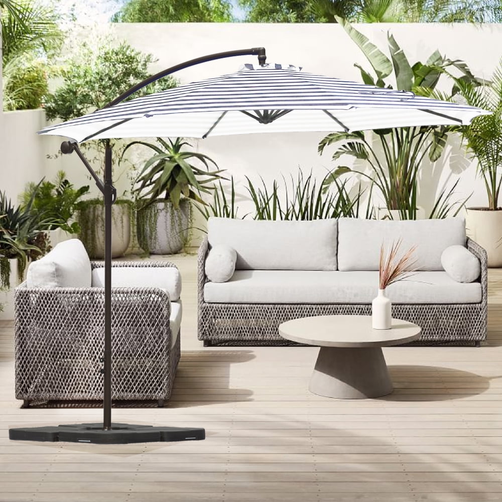 GARDEN 10" Ft Offset Cantilever Umbrellas w/ Base Weights Included for Outdoor Patio Shade, Gray/White Stripe