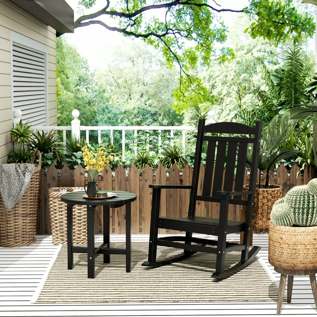 GARDEN 2-Piece Set Classic Plastic Porch Rocking Chair with Round Side Table Included, Black