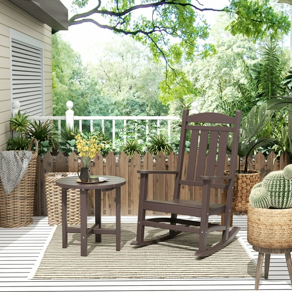 GARDEN 2-Piece Set Classic Plastic Porch Rocking Chair with Round Side Table Included, Dark Brown