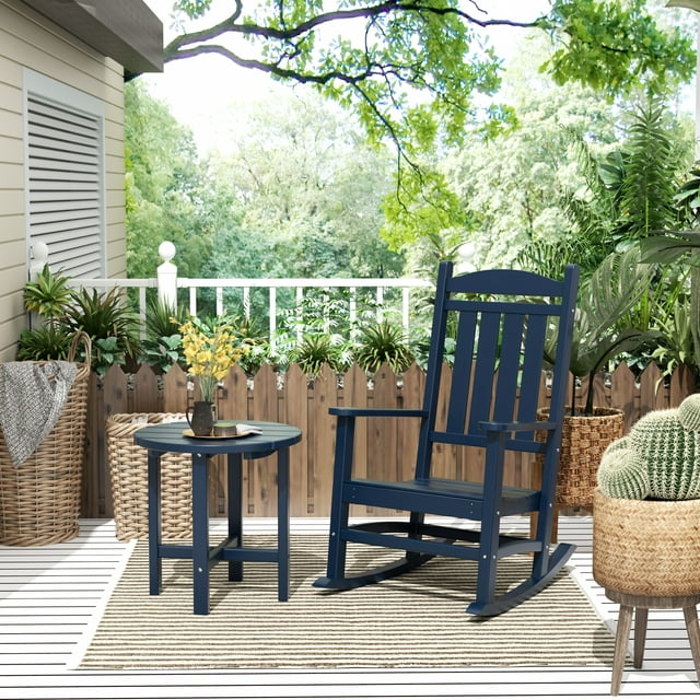 GARDEN 2-Piece Set Classic Plastic Porch Rocking Chair with Round Side Table Included, Navy Blue