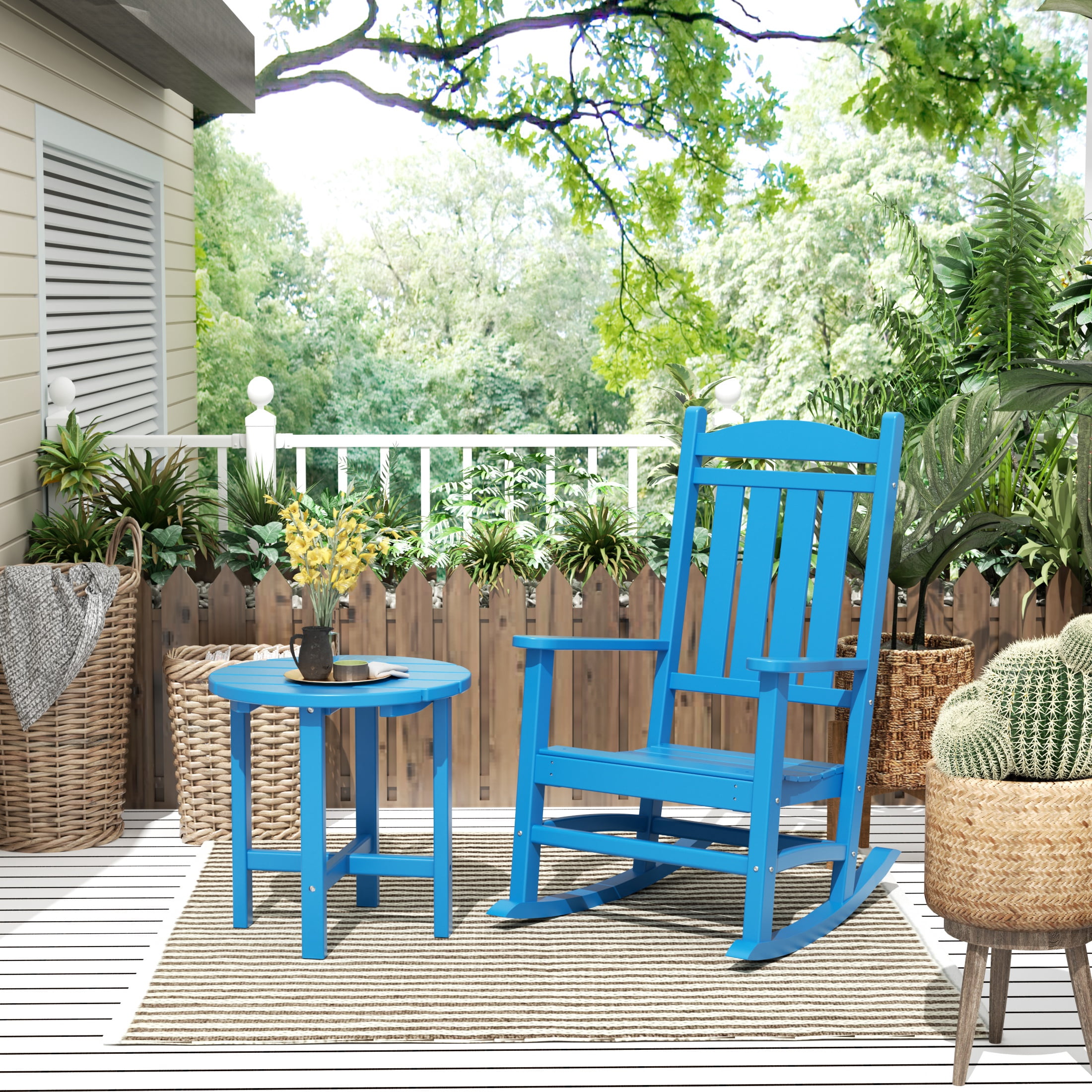 GARDEN 2-Piece Set Classic Plastic Porch Rocking Chair with Round Side Table Included, Pacific Blue