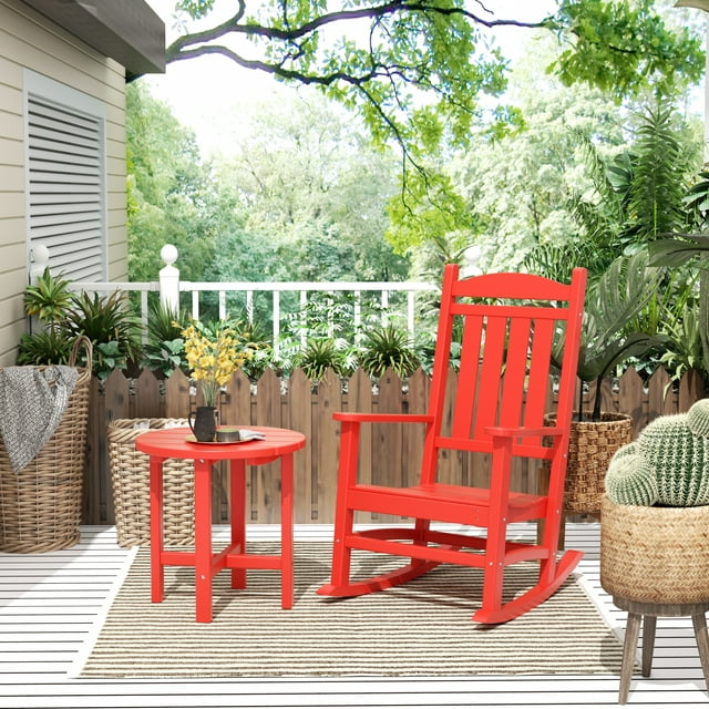 GARDEN 2-Piece Set Classic Plastic Porch Rocking Chair with Round Side Table Included, Red