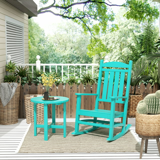 GARDEN 2-Piece Set Classic Plastic Porch Rocking Chair with Round Side Table Included, Turquoise