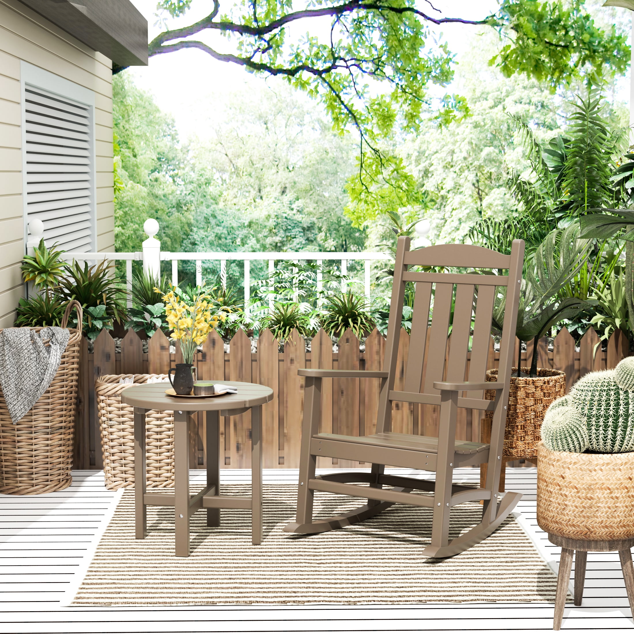 GARDEN 2-Piece Set Classic Plastic Porch Rocking Chair with Round Side Table Included, Weathered Wood