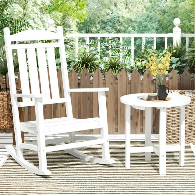 GARDEN 2-Piece Set Classic Plastic Porch Rocking Chair with Round Side Table Included, White
