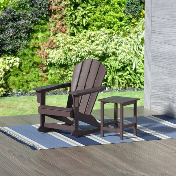 GARDEN 2-Piece Set Plastic Outdoor Rocking Chair with Square Side Table Included, Dark Brown