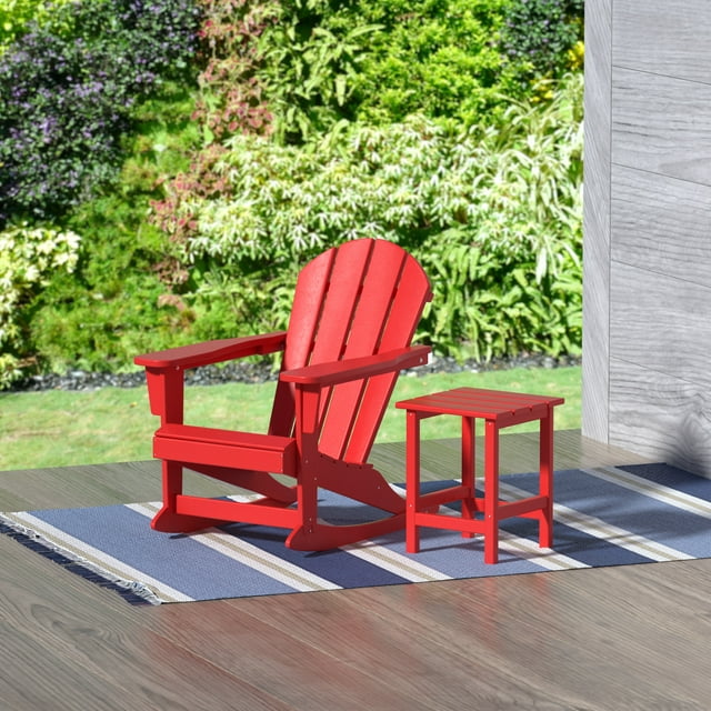 GARDEN 2-Piece Set Plastic Outdoor Rocking Chair with Square Side Table Included, Red