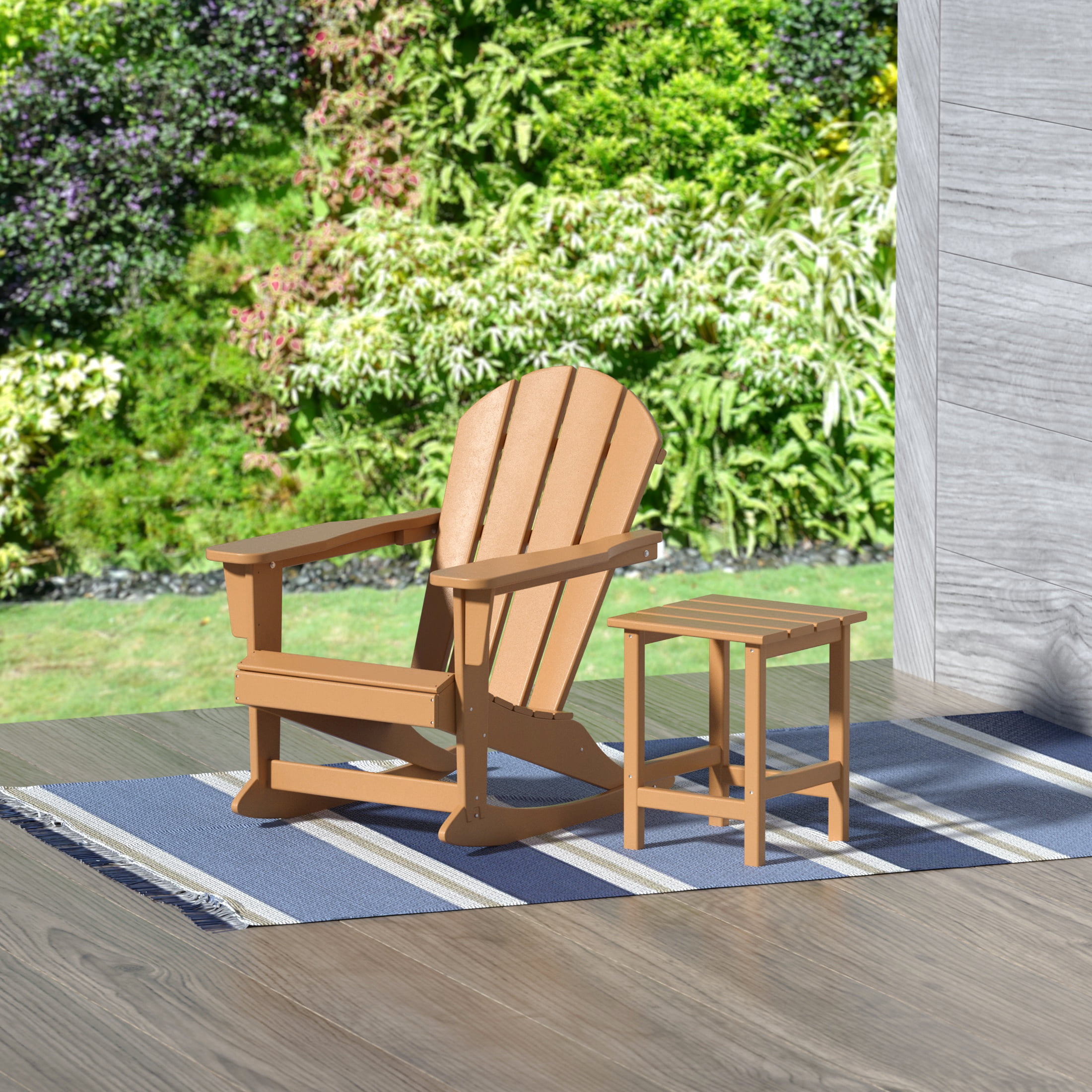 GARDEN 2-Piece Set Plastic Outdoor Rocking Chair with Square Side Table Included, Teak
