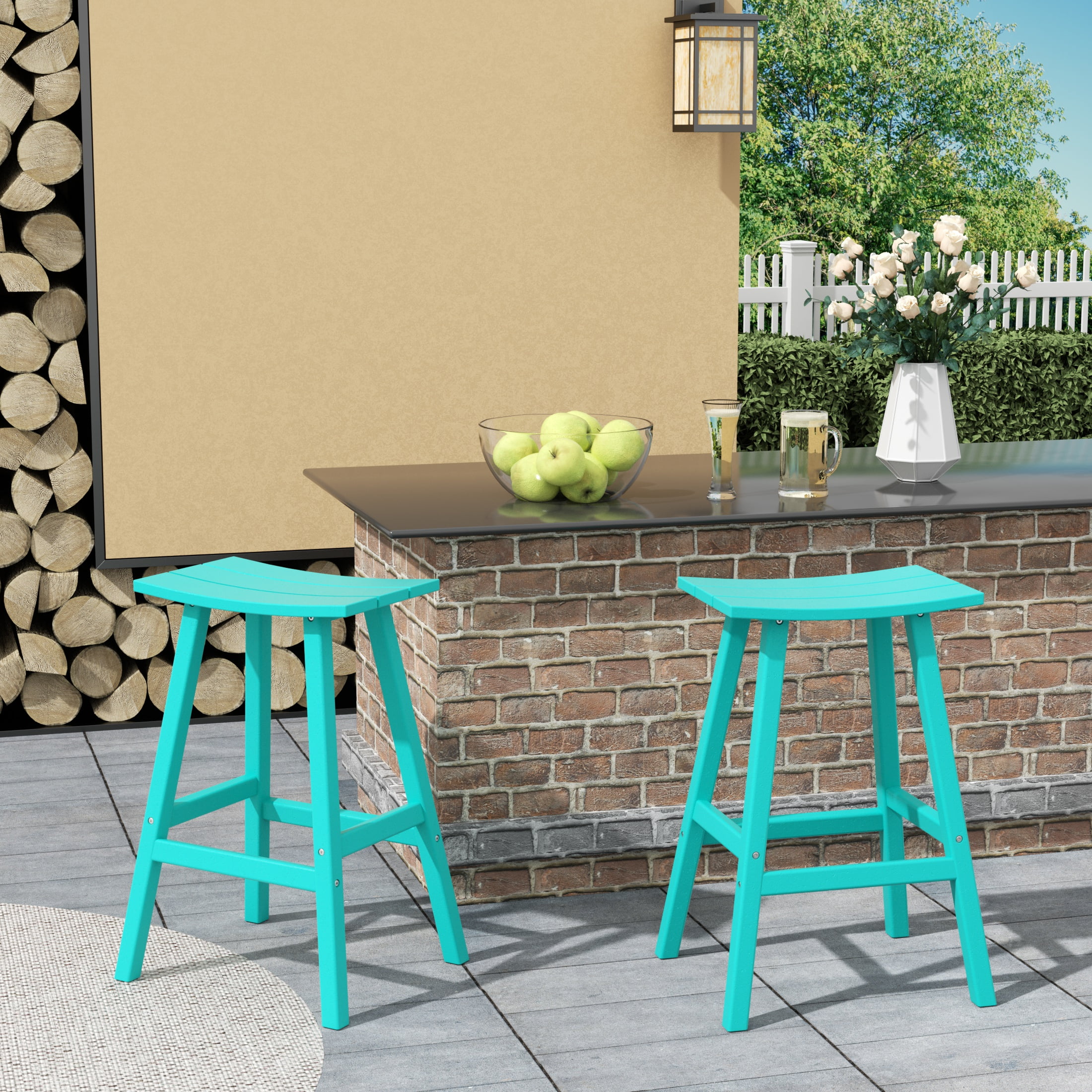 Garden 29 inch Inches Adirondack Plastic Outdoor Bar Stools Set of 2 Turquoise