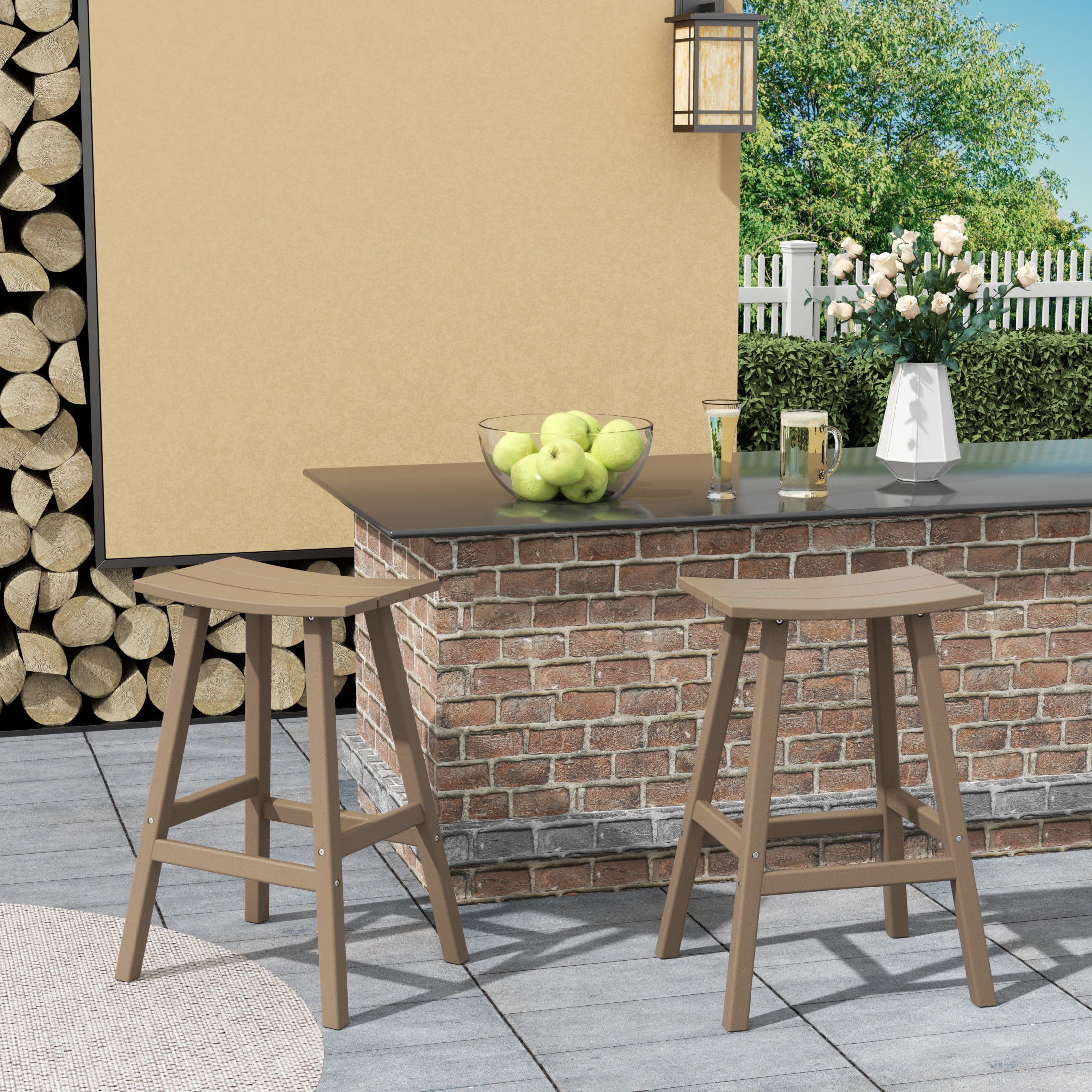 GARDEN 29" Inches Adirondack Plastic Outdoor Bar Stools (Set of 2), Weathered Wood