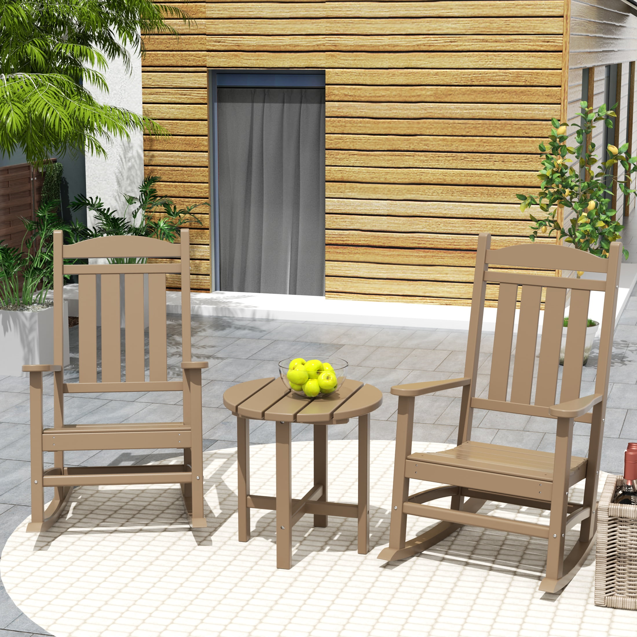 GARDEN 3-Piece Set Classic Plastic Adirondack Porch Rocking Chair w/ Round Side Table Included, White