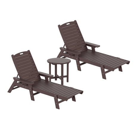GARDEN 3-Piece Set Plastic Outdoor Chaise Lounges with Round Side Table Included, Dark Brown