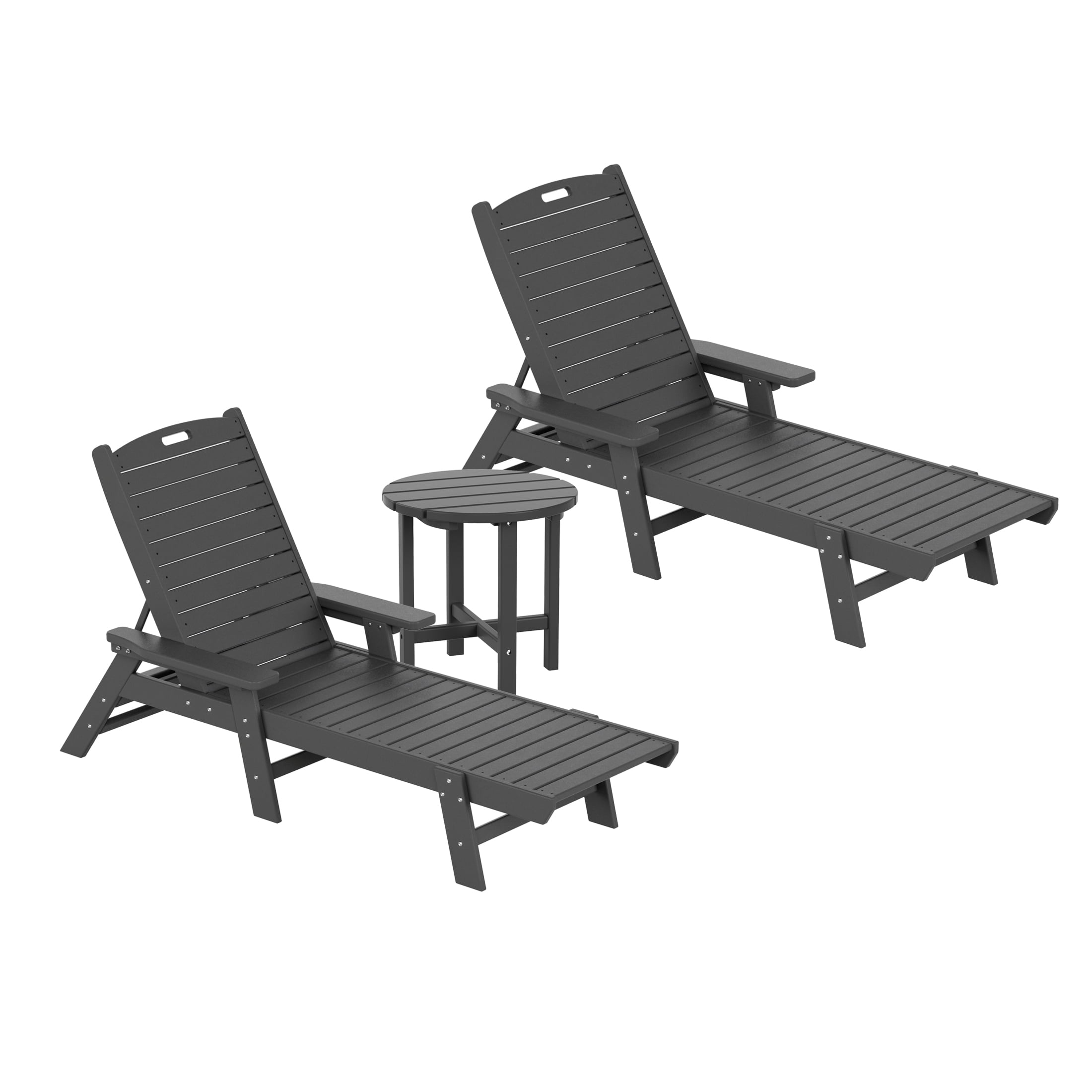 GARDEN 3-Piece Set Plastic Outdoor Chaise Lounges with Round Side Table Included, Gray