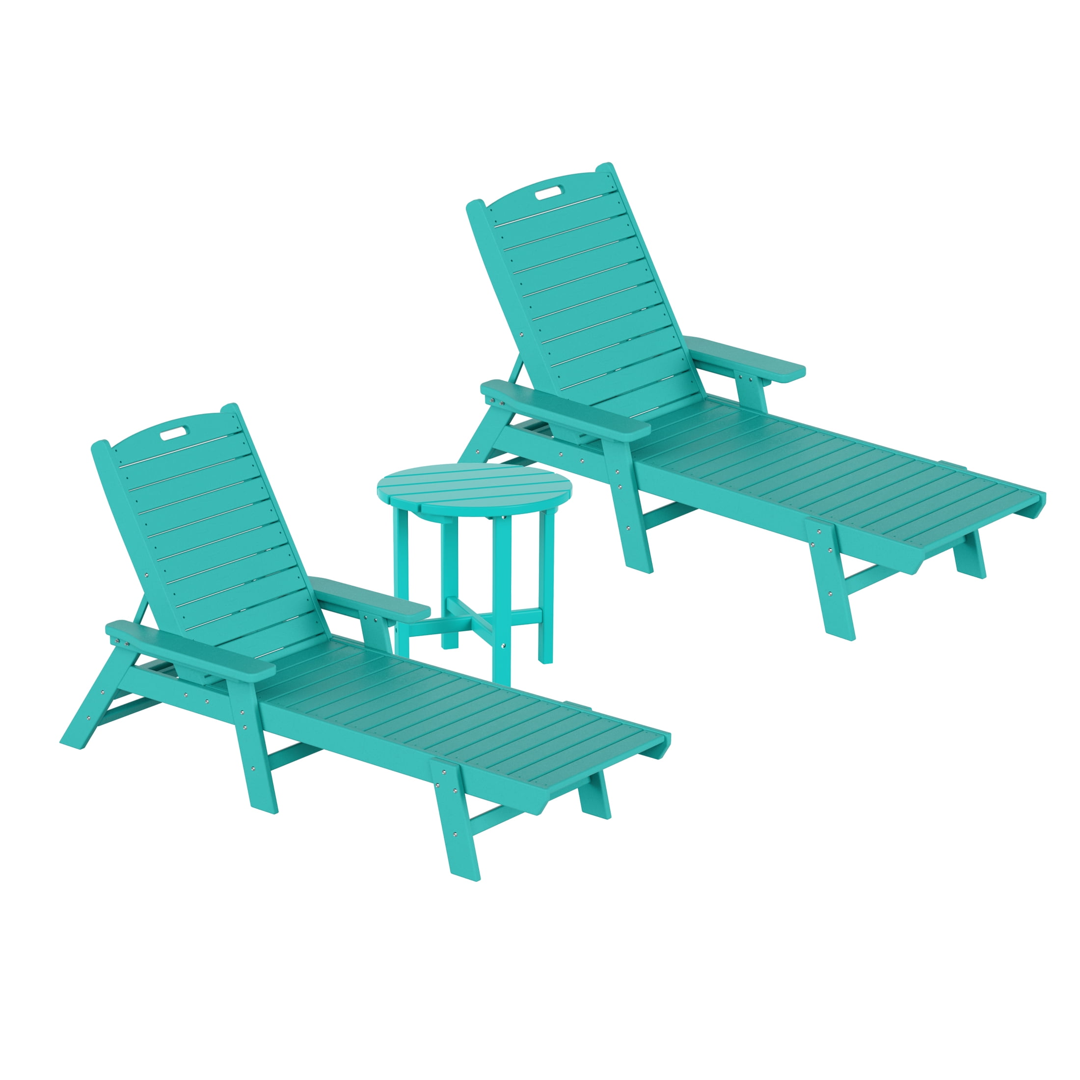 GARDEN 3-Piece Set Plastic Outdoor Chaise Lounges with Round Side Table Included, Turquoise