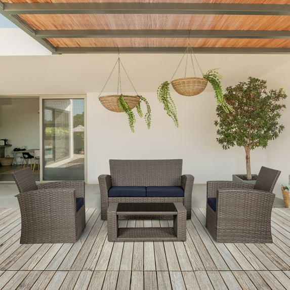 GARDEN 4-Piece Outdoor Rattan Wicker Patio Conversation Sets with Coffee Table & Cushion, Gray and Navy Blue