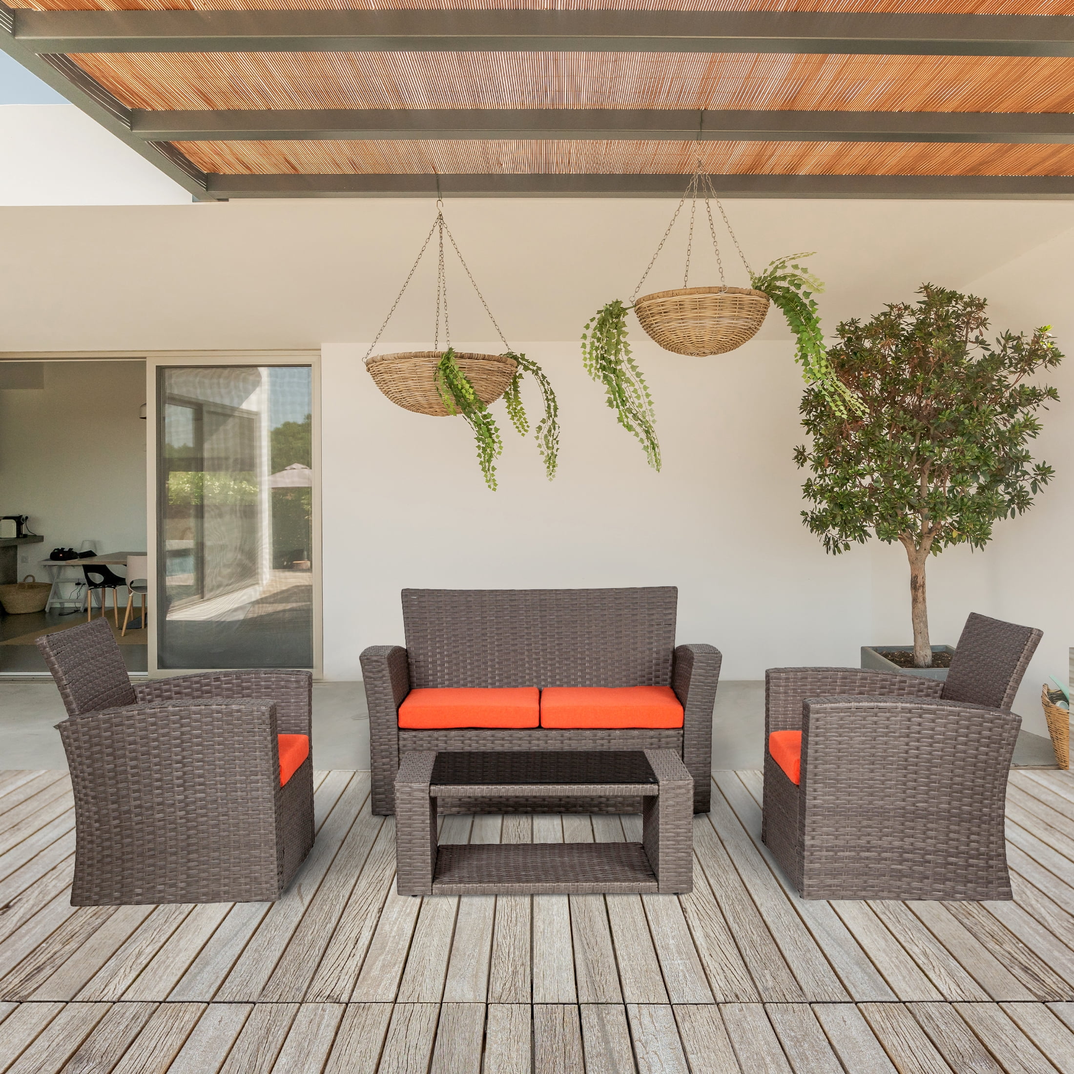 GARDEN 4-Piece Outdoor Rattan Wicker Patio Conversation Sets with Coffee Table & Cushion, Gray and Orange